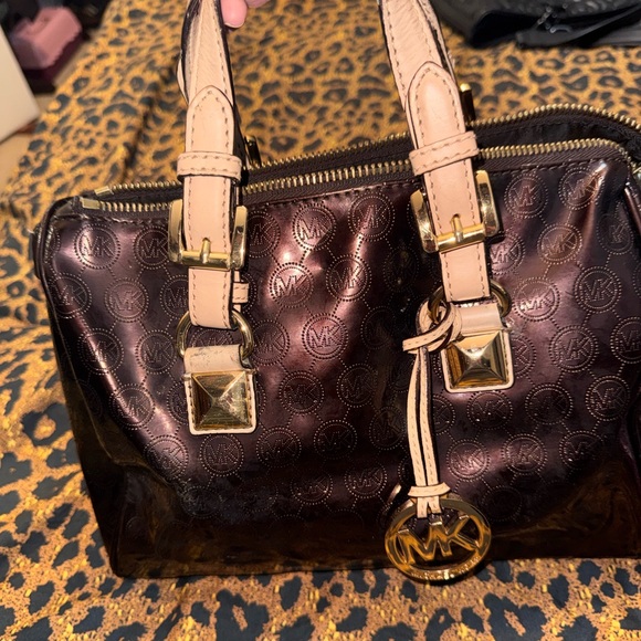 Michael Kors Shiny Brownish Maroon and Gold Handbag - Picture 2 of 10